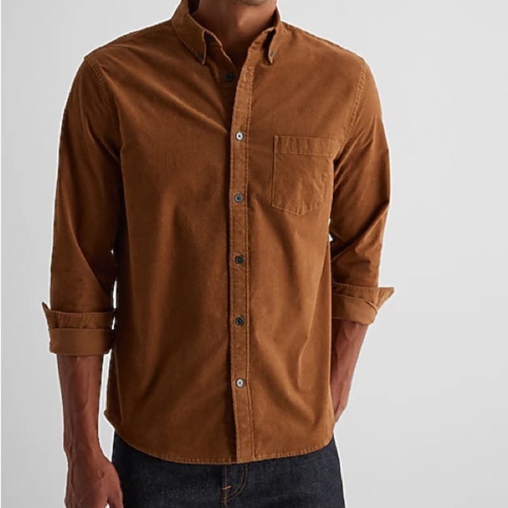 Express Men’s Solid Stretch Corduroy Button Down Shirt in Brown | Size L | New